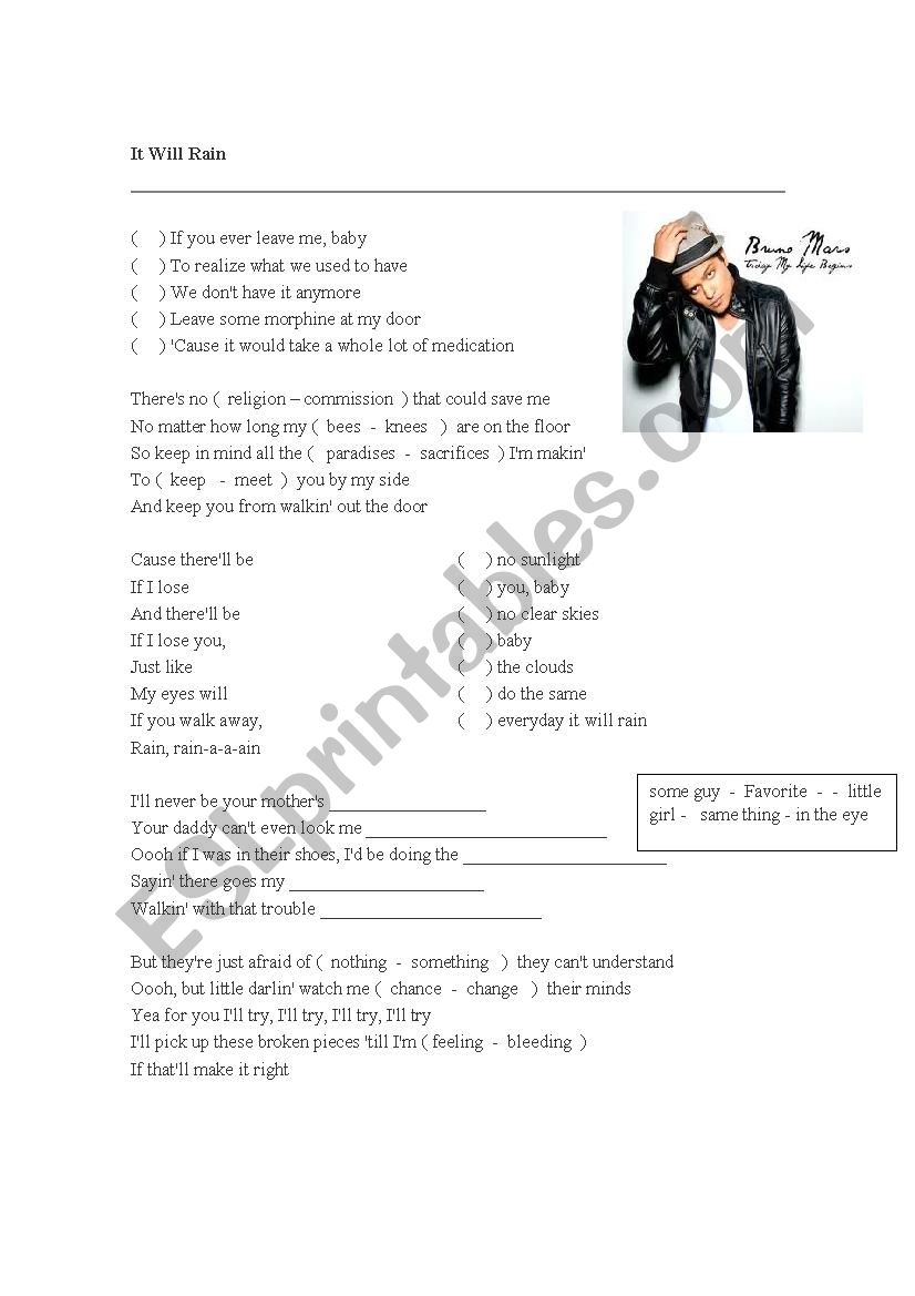 It will Rain - Bruno Mars worksheet