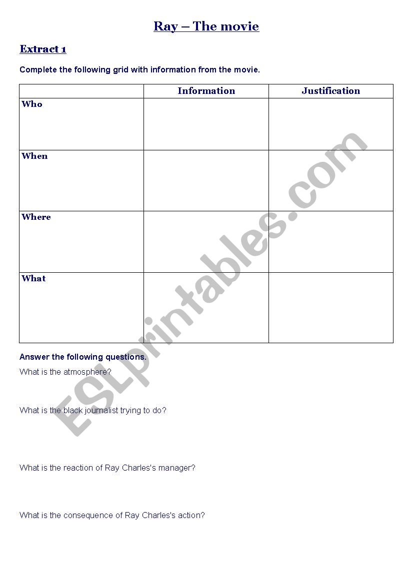 Ray the Movie worksheet