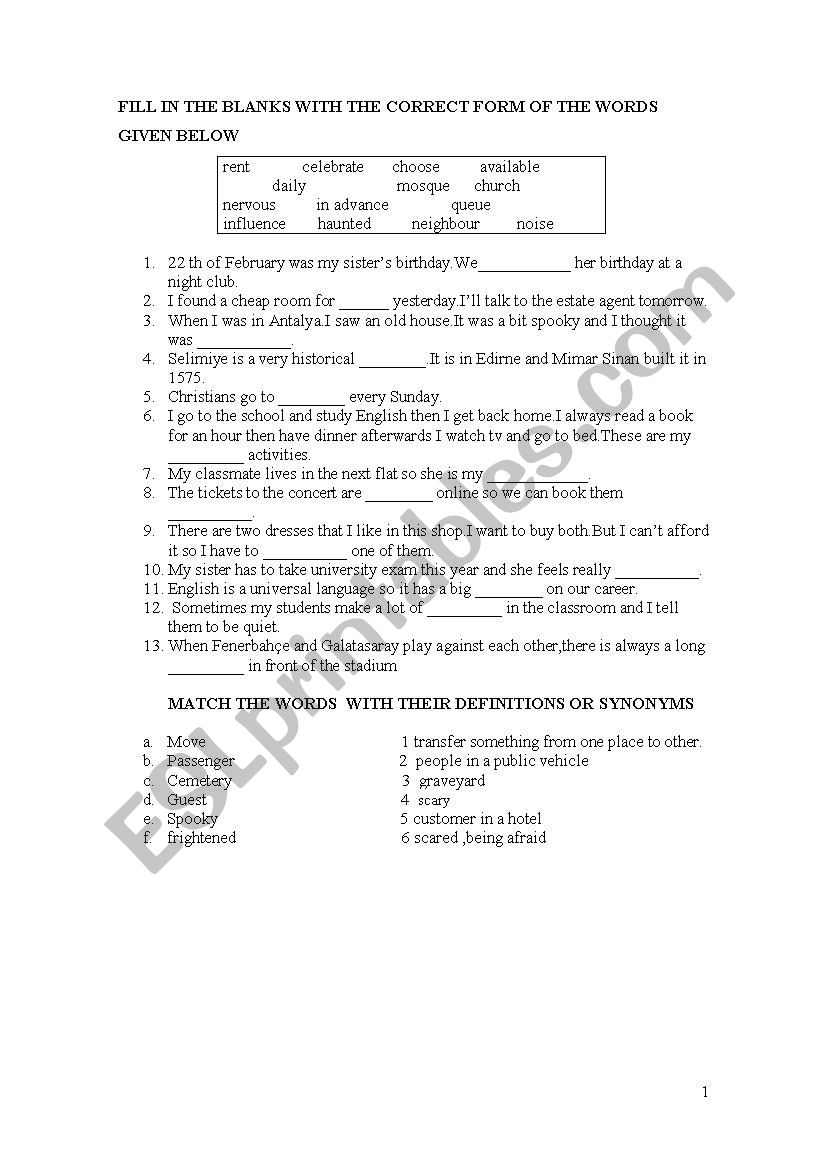 Vocabulary and prepositions worksheet