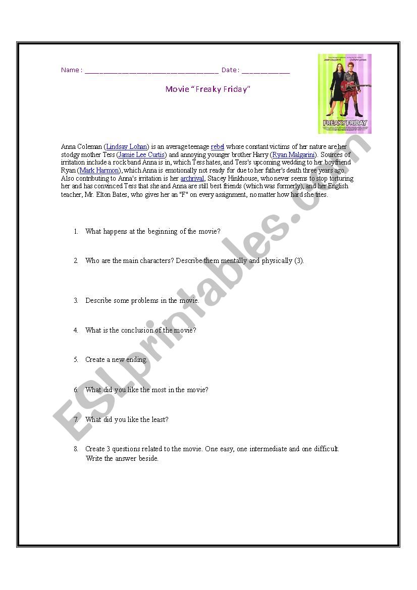 Freaky Friday movie worksheet