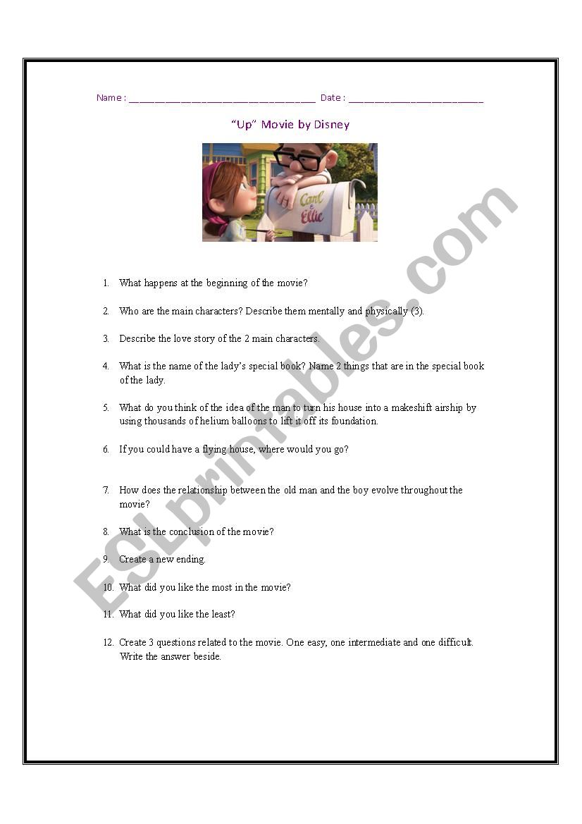 Up Movie worksheet