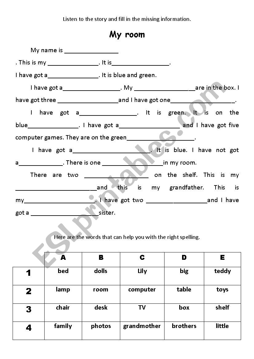 My room worksheet