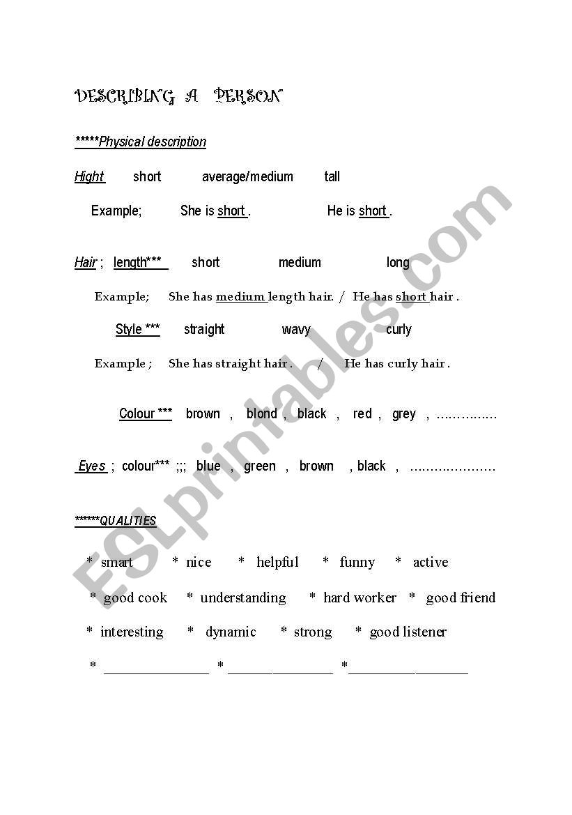 Describing a person -  useful  words  + worksheet          PART 1