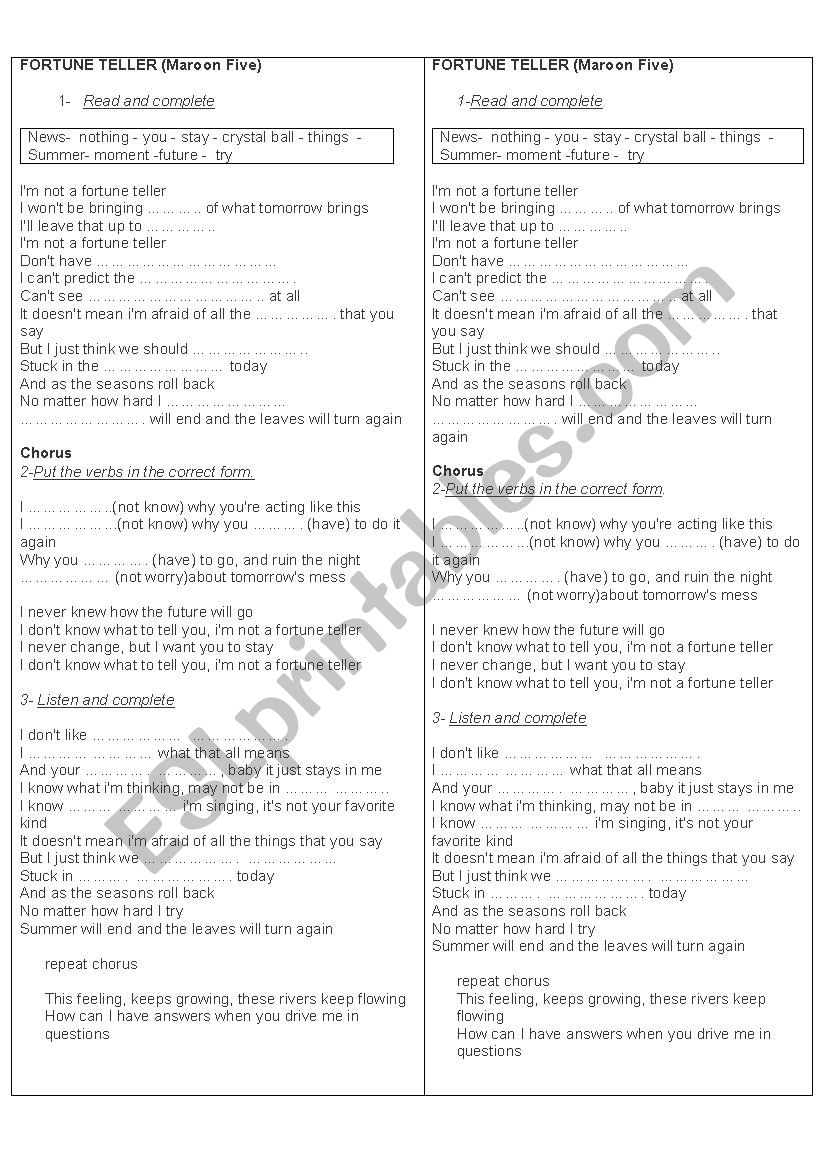 Fortune teller worksheet