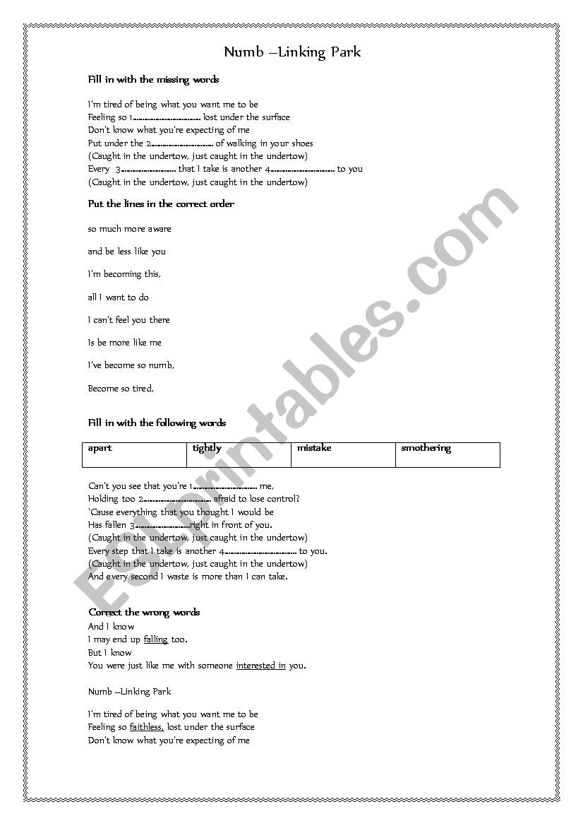 Numb Linking Park worksheet