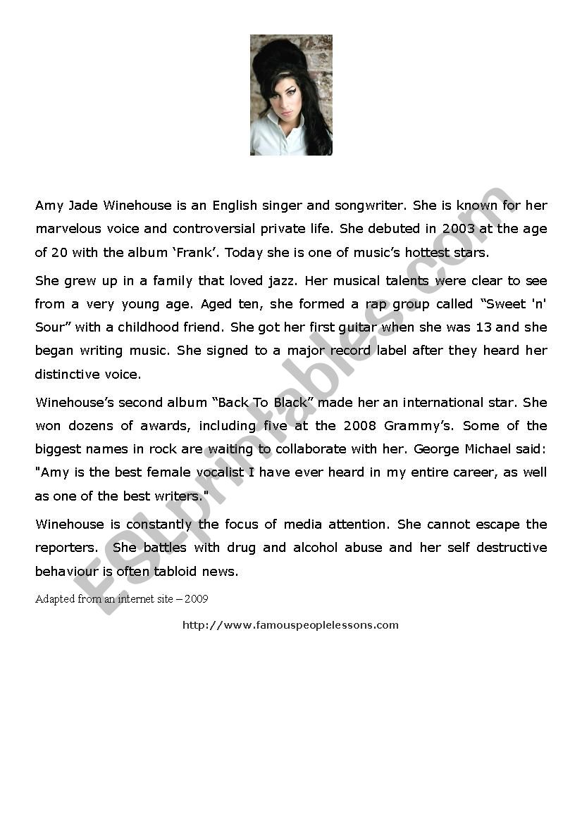 Biography of Amy Winehouse worksheet