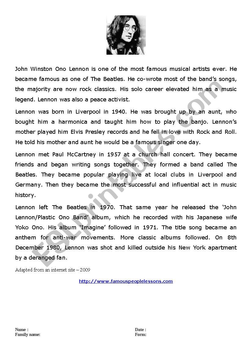 Biography of John Lennon worksheet