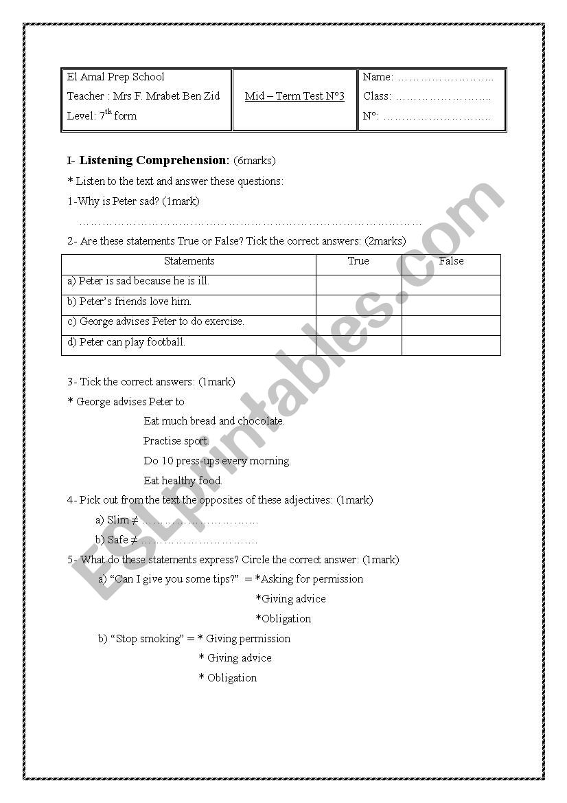 Mid- Term Test n3 worksheet