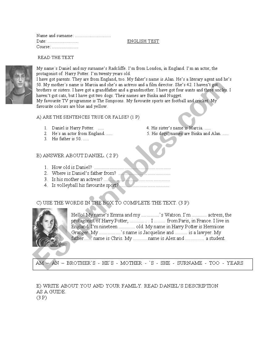 harry potter worksheet