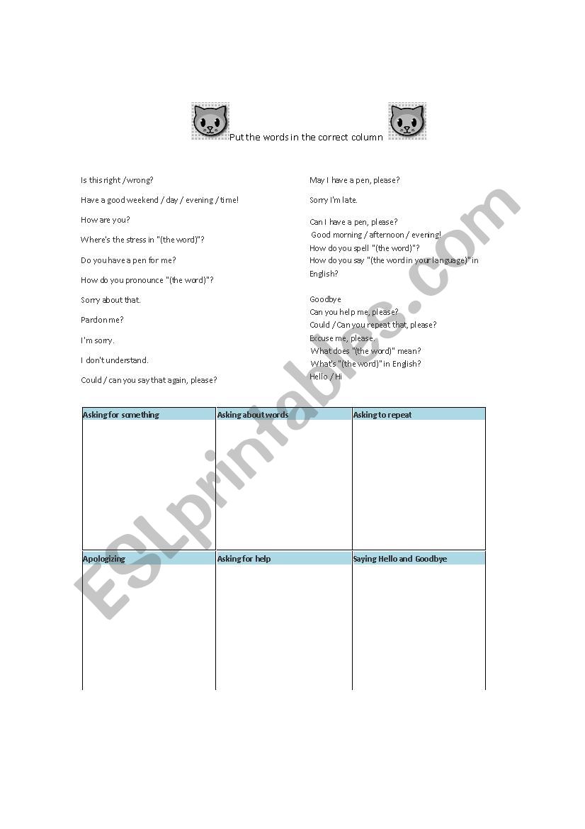 Classroom Language worksheet