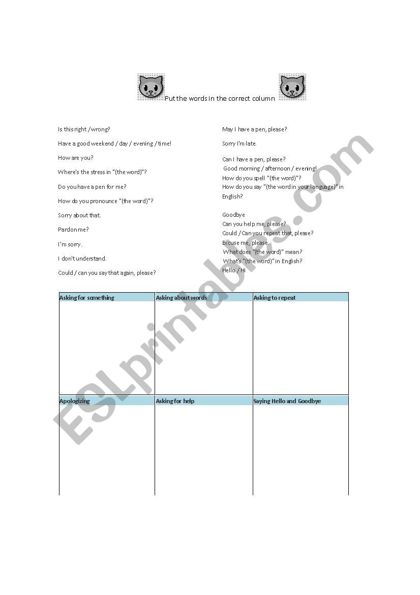 Classroom Language worksheet