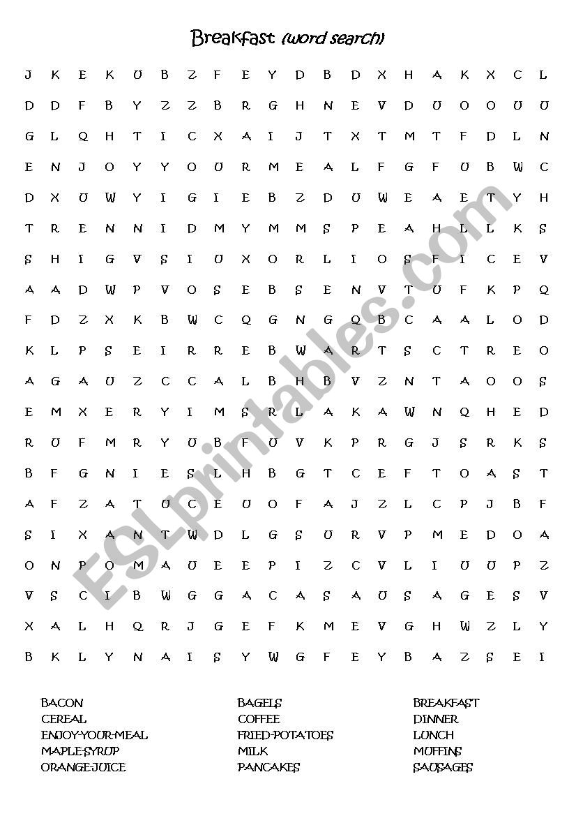 BREAKFAST word search worksheet