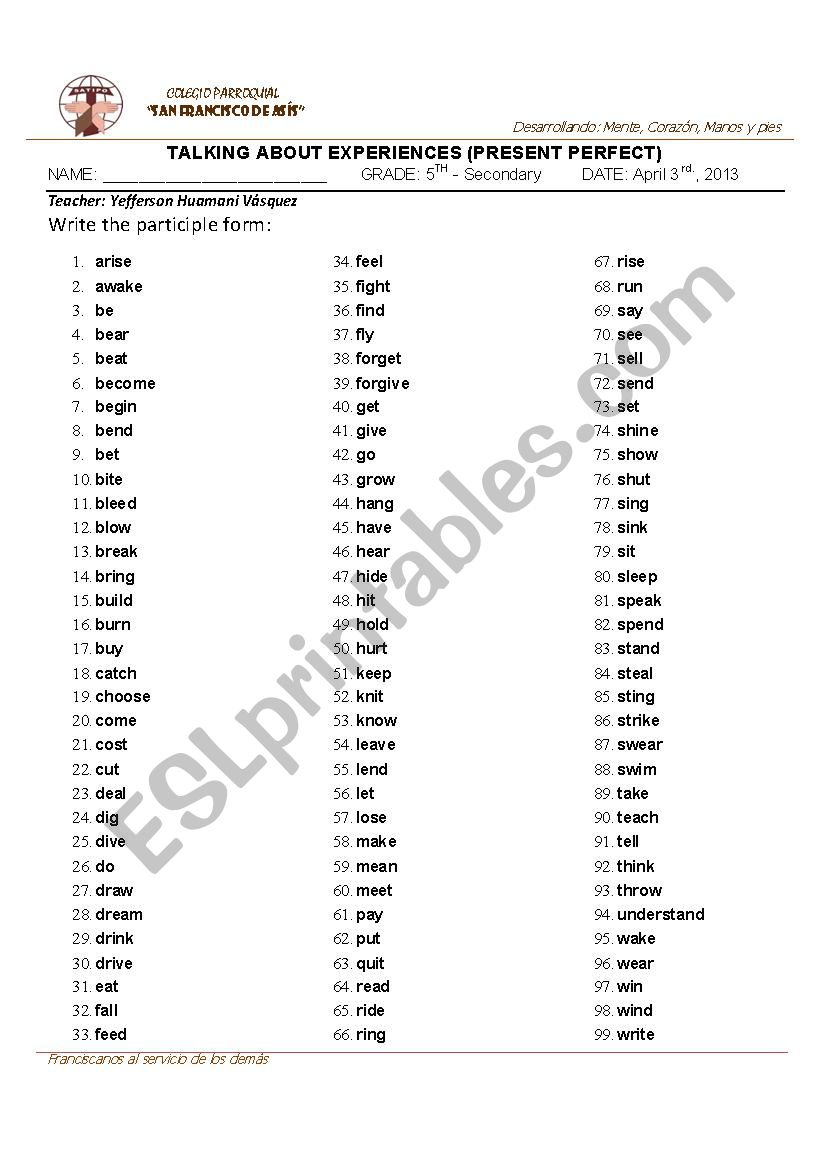 present perfect worksheet