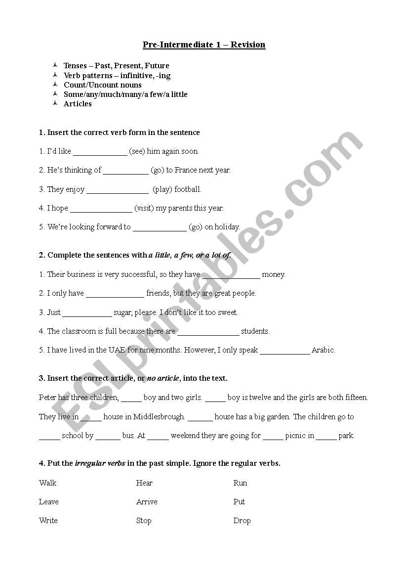 Pre-Intermediate Revision Sheet