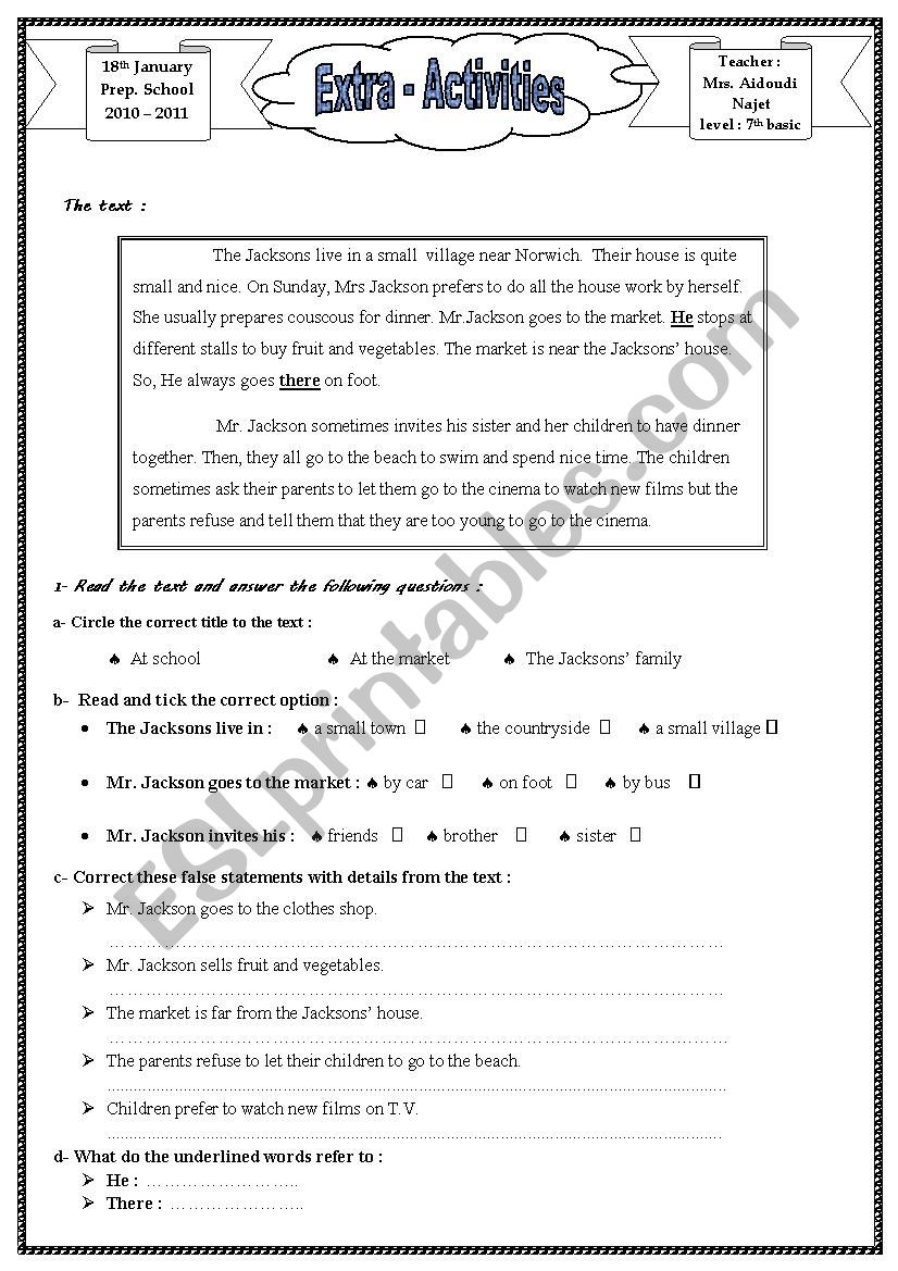 the Jacksons house worksheet