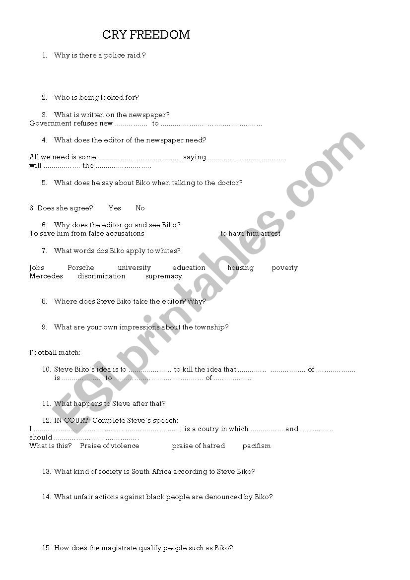 CRY FREEDOM  worksheet