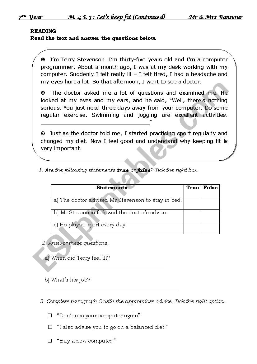 Lets Keep Fit  worksheet