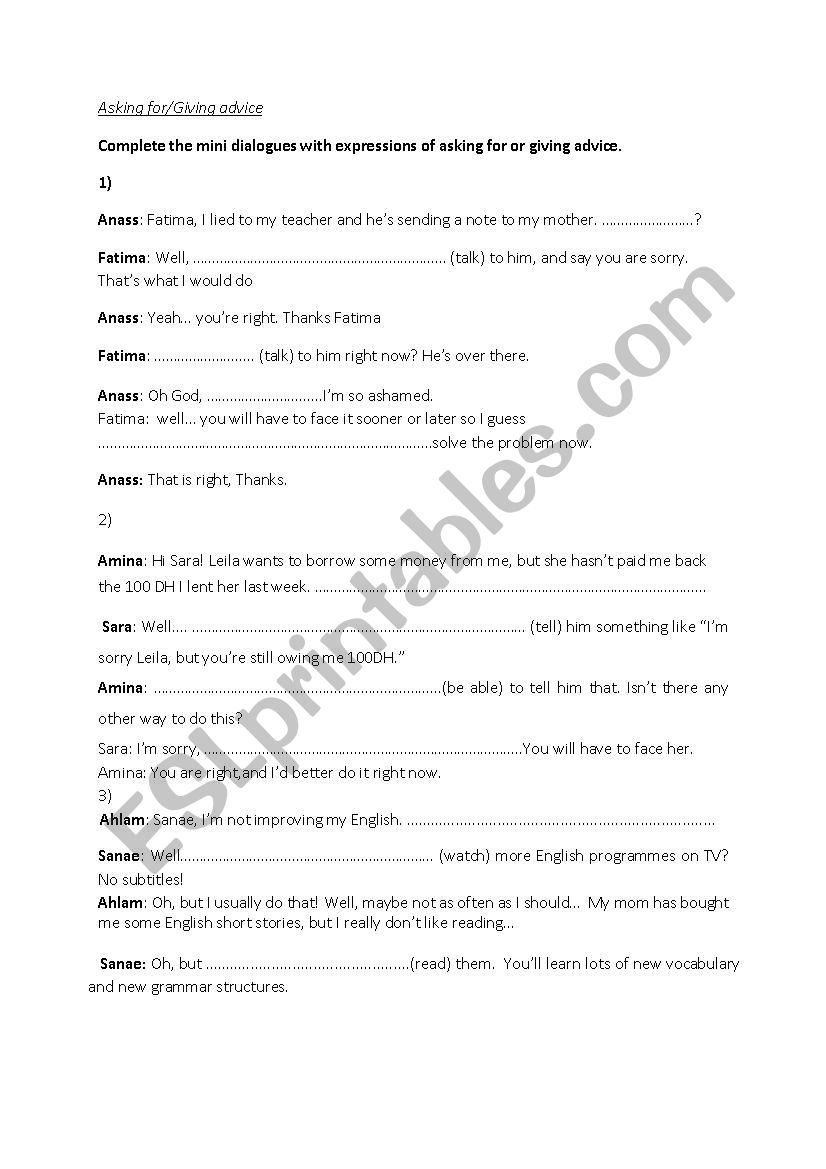 Asking for/Giving advice worksheet