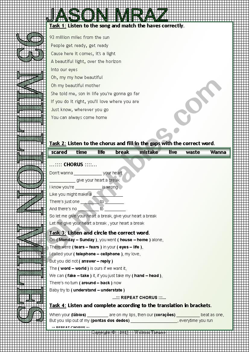 ....:::: SONG WORKSHEET ::::.... - 93 MILLION MILES - JASON MRAZ