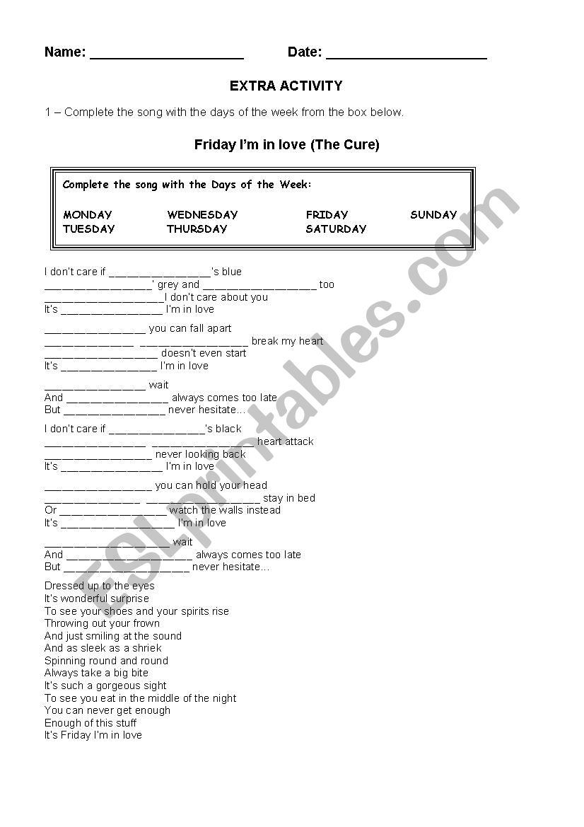 Song - Friday Im in love worksheet