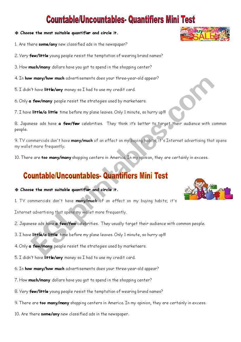 Quantifiers mini test worksheet