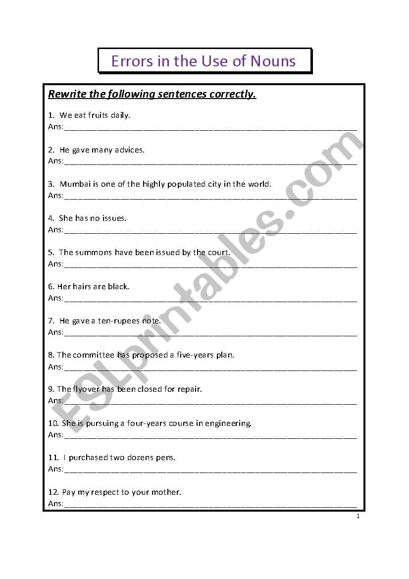 Errors in the Use of Nouns worksheet