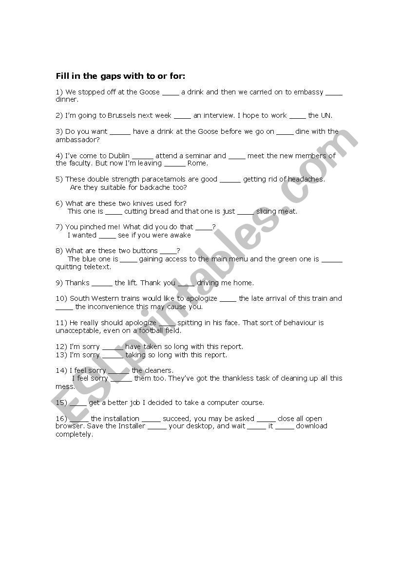 To and for - in context worksheet