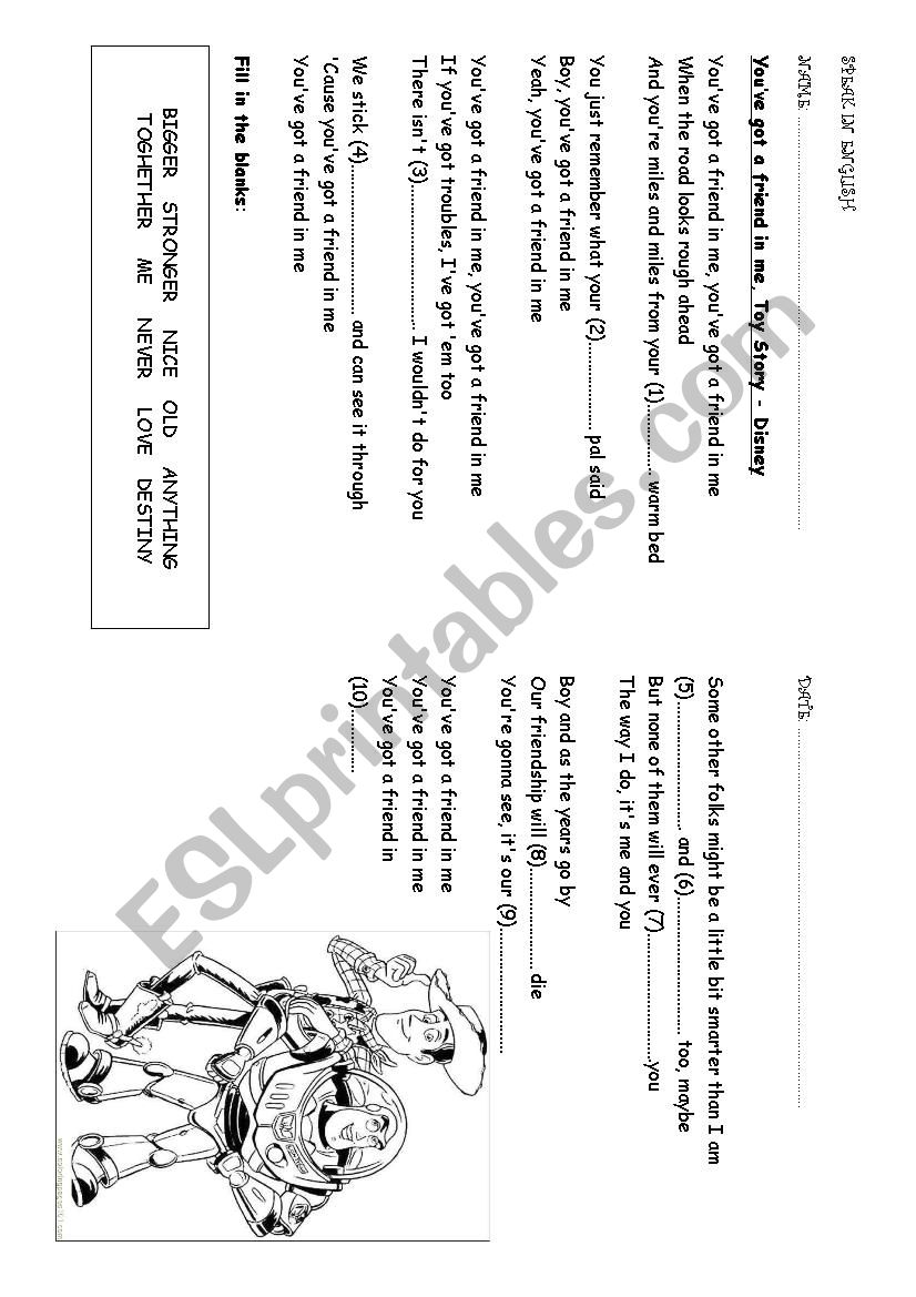 Toy Story Song worksheet