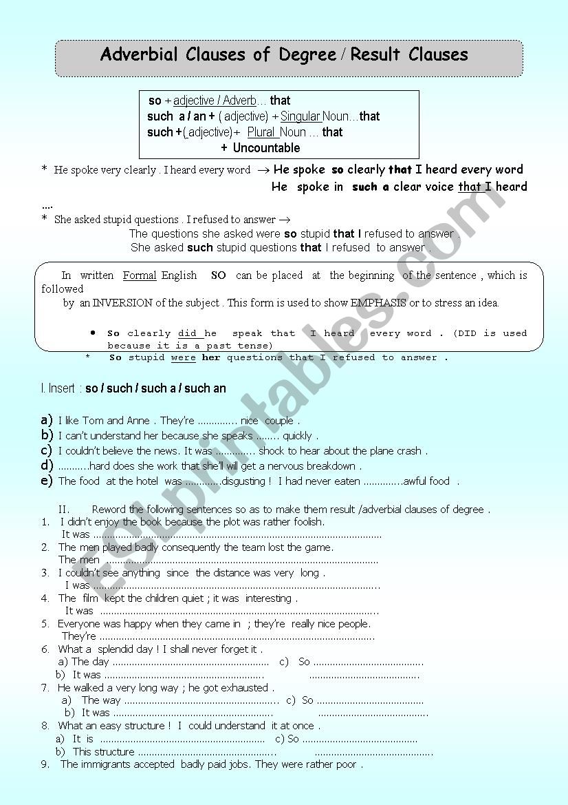 Adverbial Clauses of Degree / Result Clauses