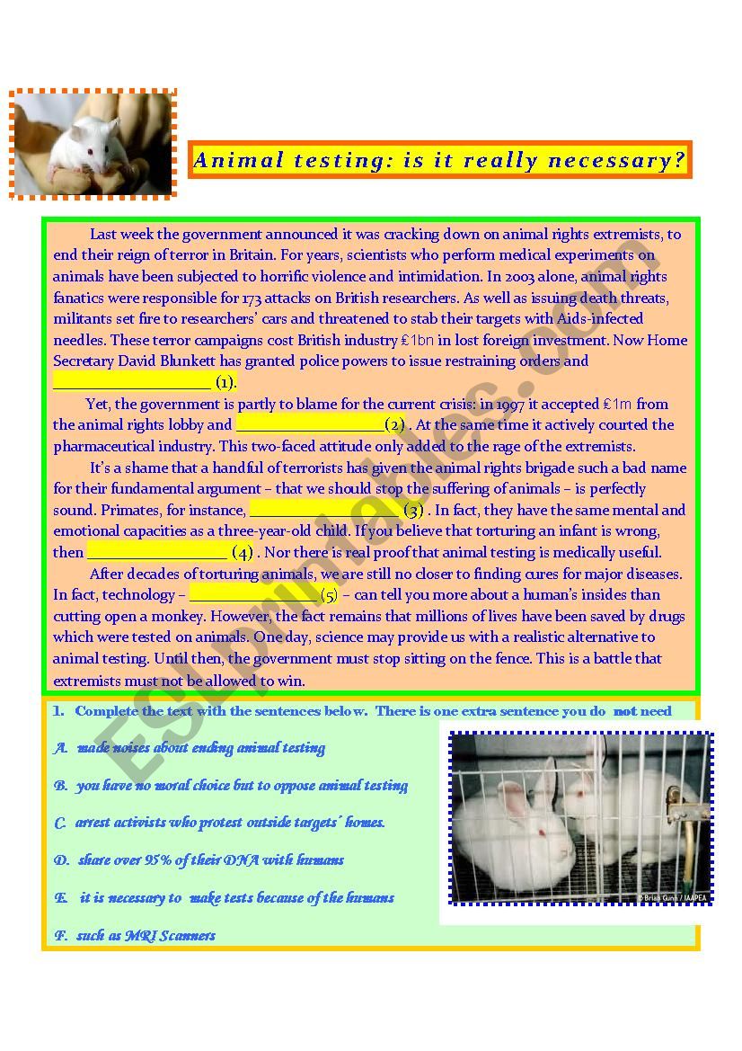 Animal testing-reading comprehension, true/false, gapfilling and exam test with key