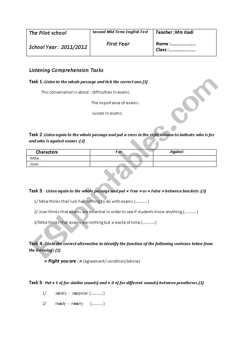 listening test first form  worksheet