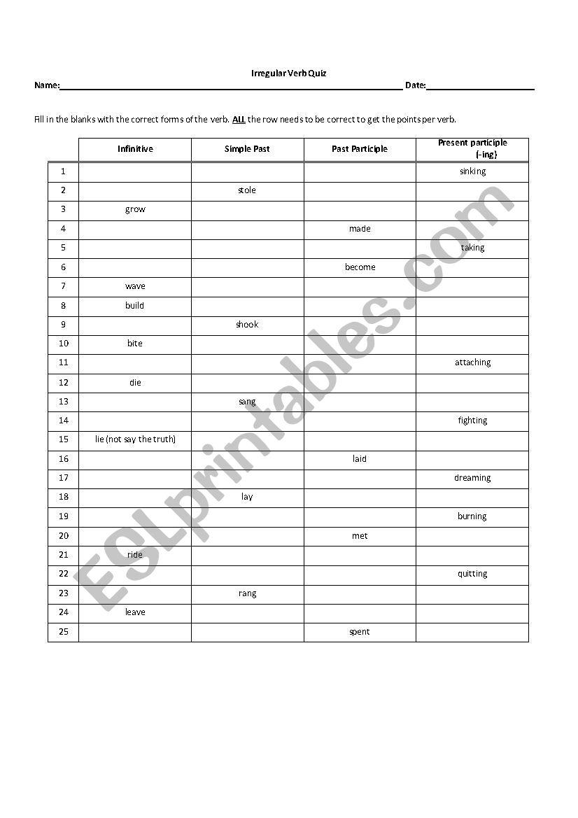 Irregular Verb Quiz worksheet