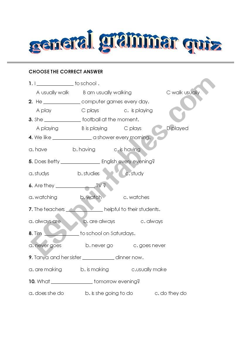 general grammar quiz worksheet