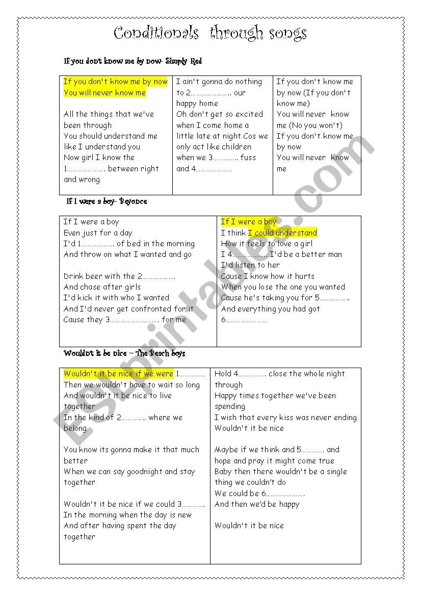 Conditionals through songs worksheet