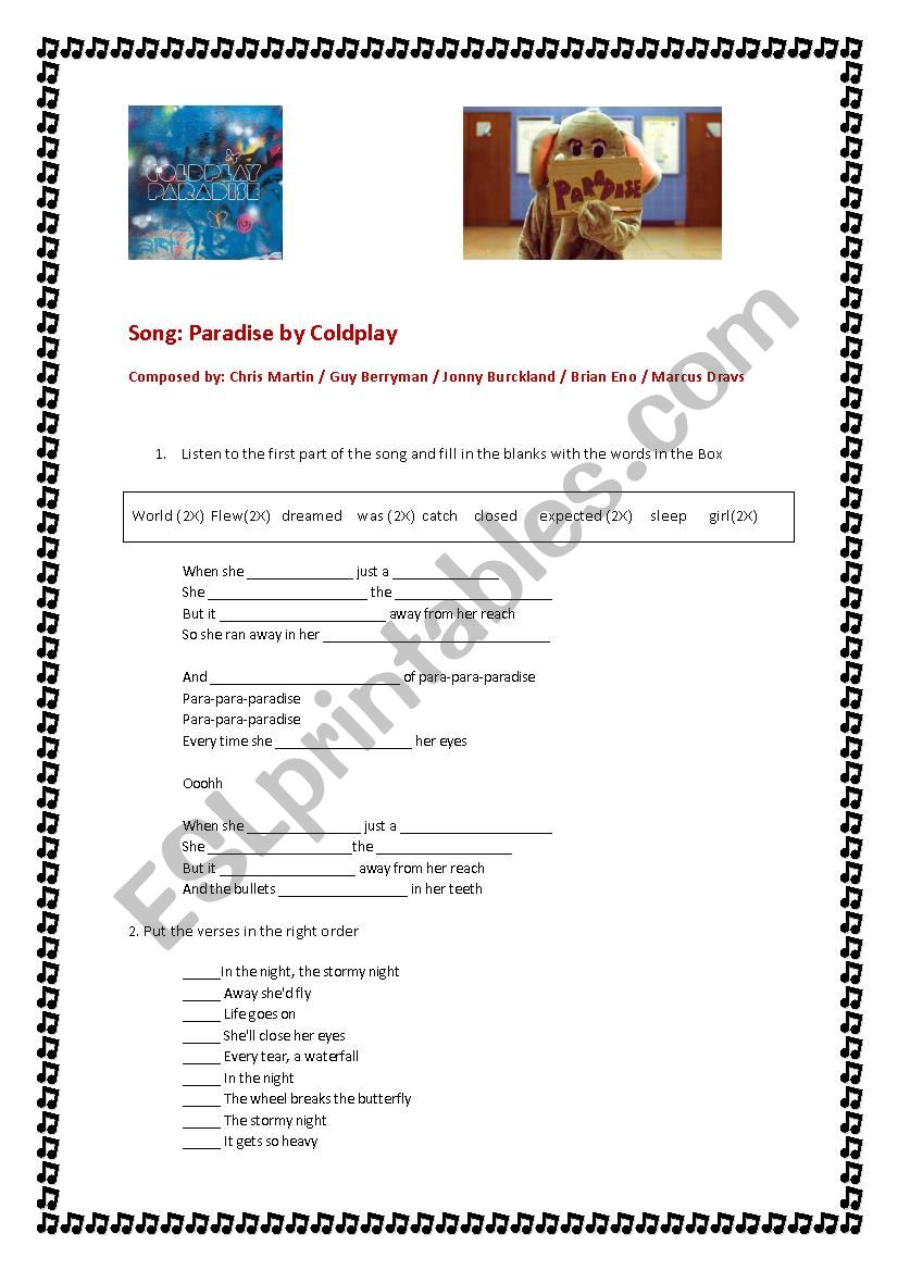 Paradise, Cold Play worksheet