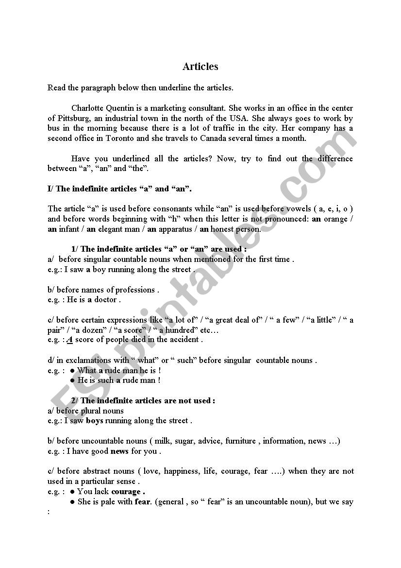 articles Theory worksheet