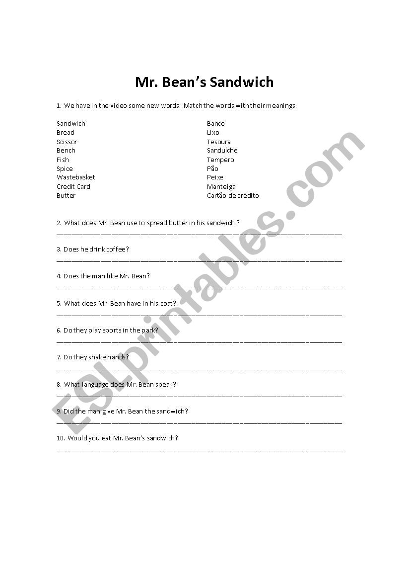 Mr Beans Sandwich worksheet