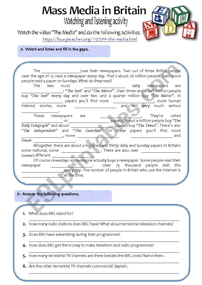 Mass Media in Britain worksheet