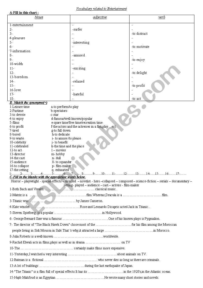 entertainment vocabulary worksheet