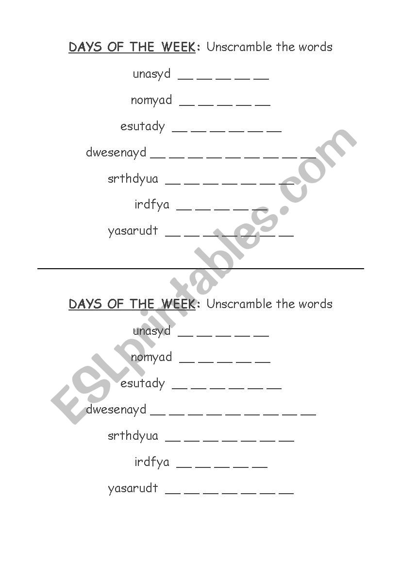 Days of the week worksheet