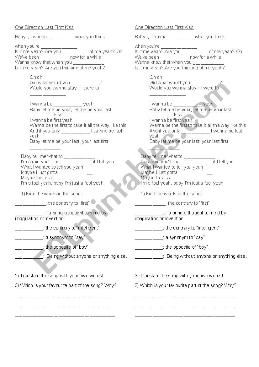 One Direction Last first kiss worksheet