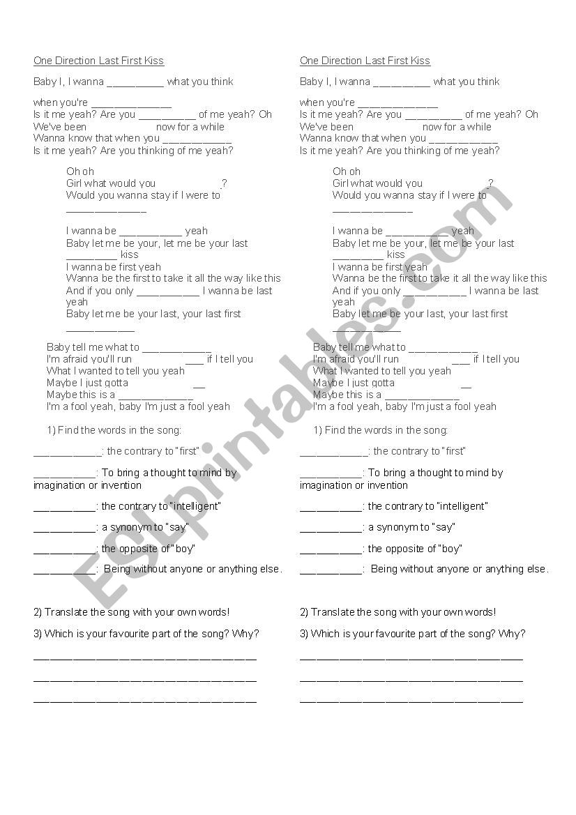 One Direction Last first kiss - ESL worksheet by yamila_i