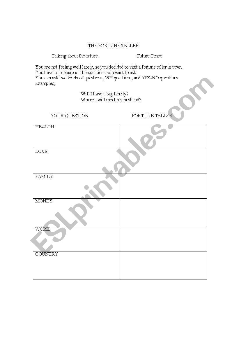 THE FORTUNE TELLER worksheet