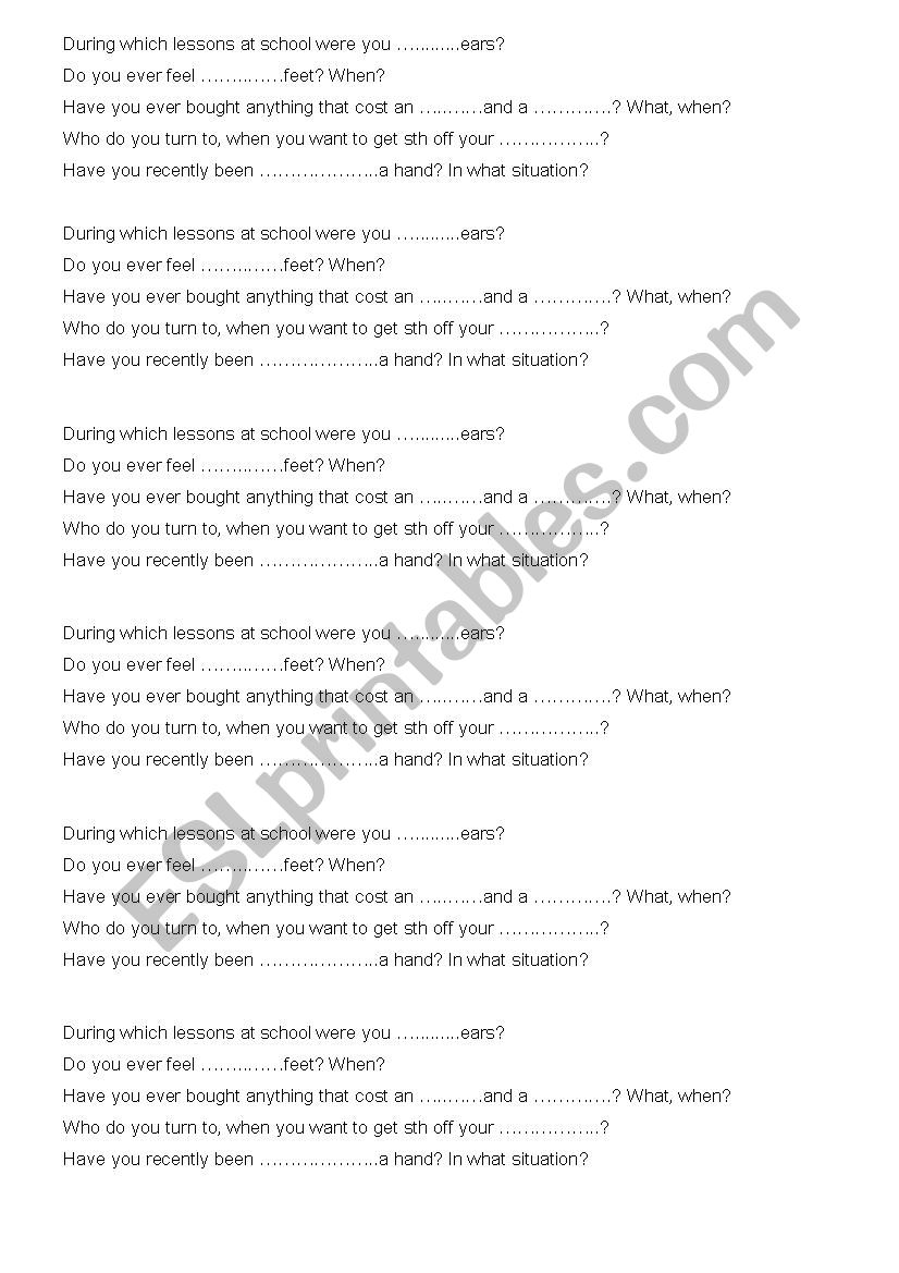 body idioms warm-up questions worksheet
