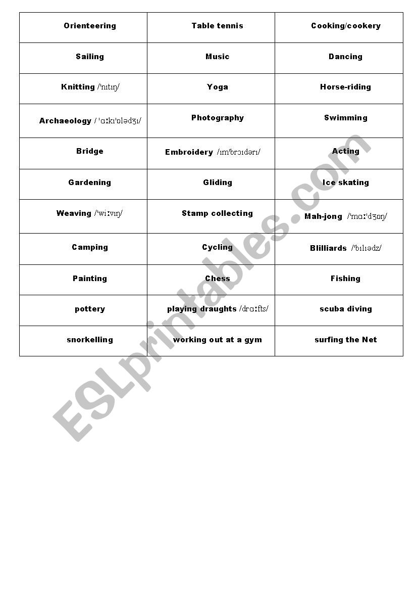 Hobbies-chart worksheet