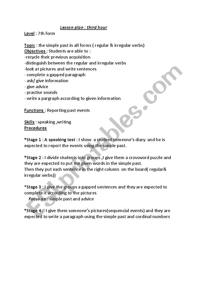 third hour lesson plan worksheet