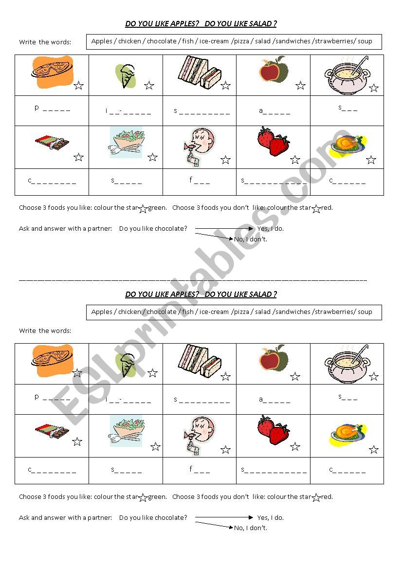 Do you like ....? Pairwork worksheet