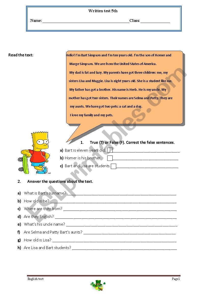 5th test worksheet