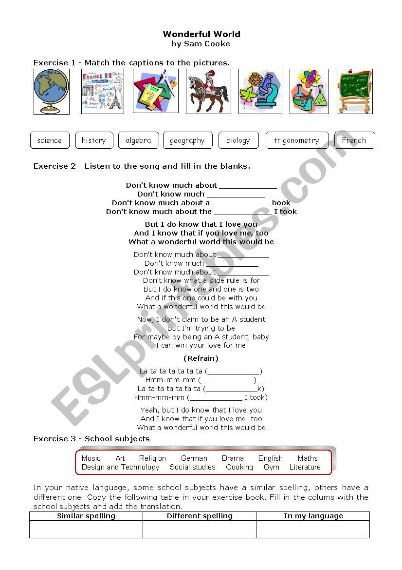 School subjects with the song Wonderful World by Sam Cooke