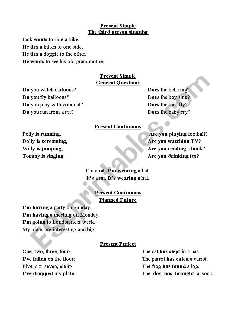 Present Simple poems worksheet